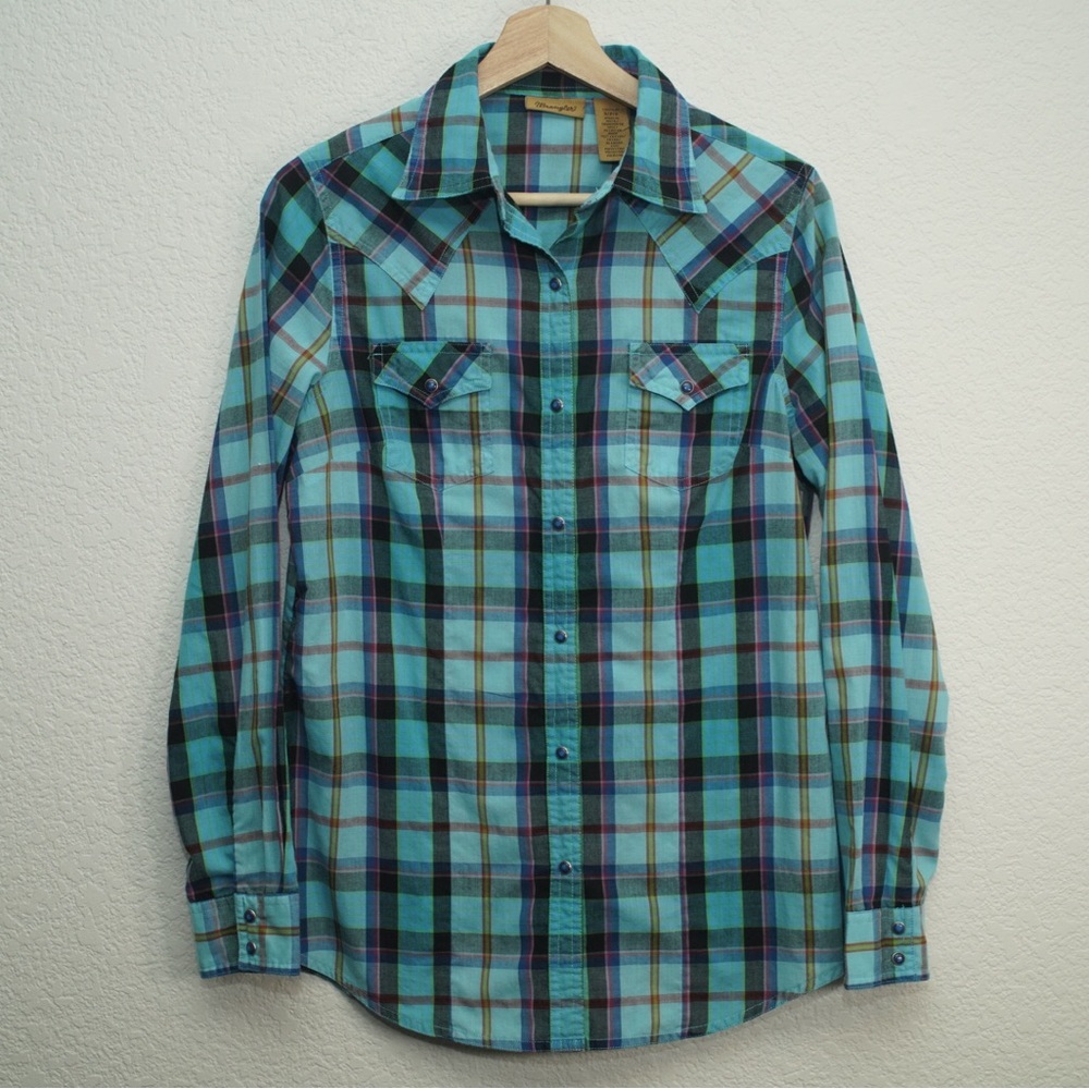 Wrangler Pearl Snap Shirt Men's Western Button Down Turquoise Small Vintage